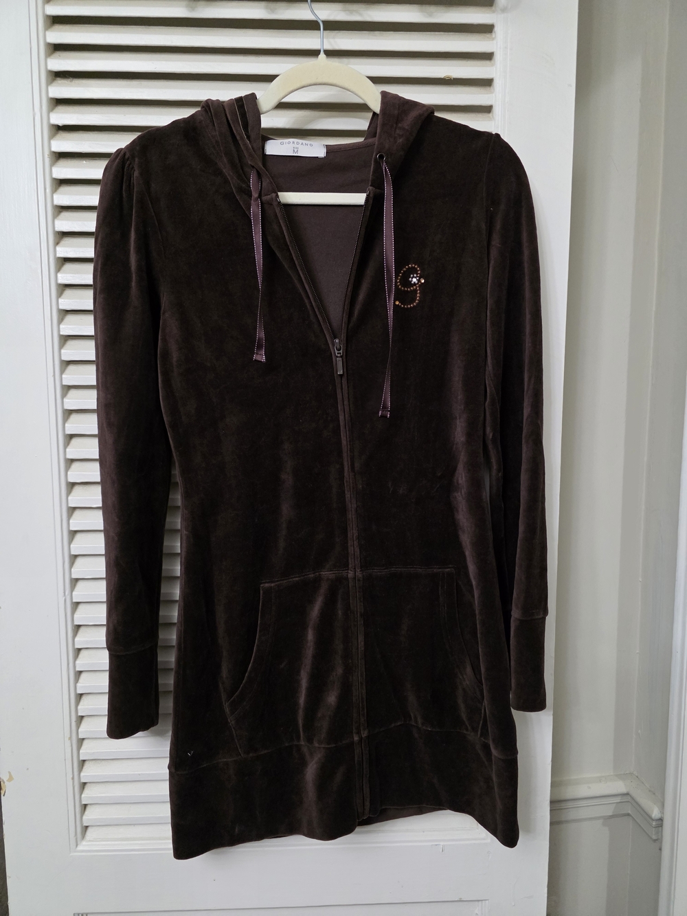 Velvet Hooded Zip-Front Jacket in Dark Brown